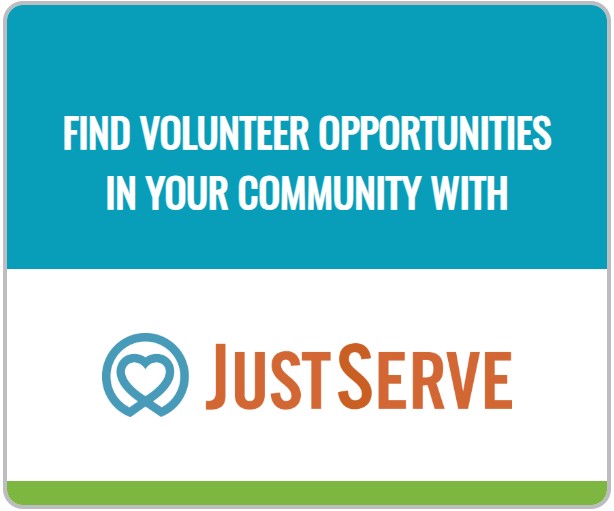 Graphic displaying the Just Serve logo, indicating that Just Serve is a place to find volunteer opportunities.